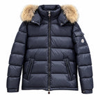 Moncler Fur-Trim Quilted Puffer - Navy Blue - Front