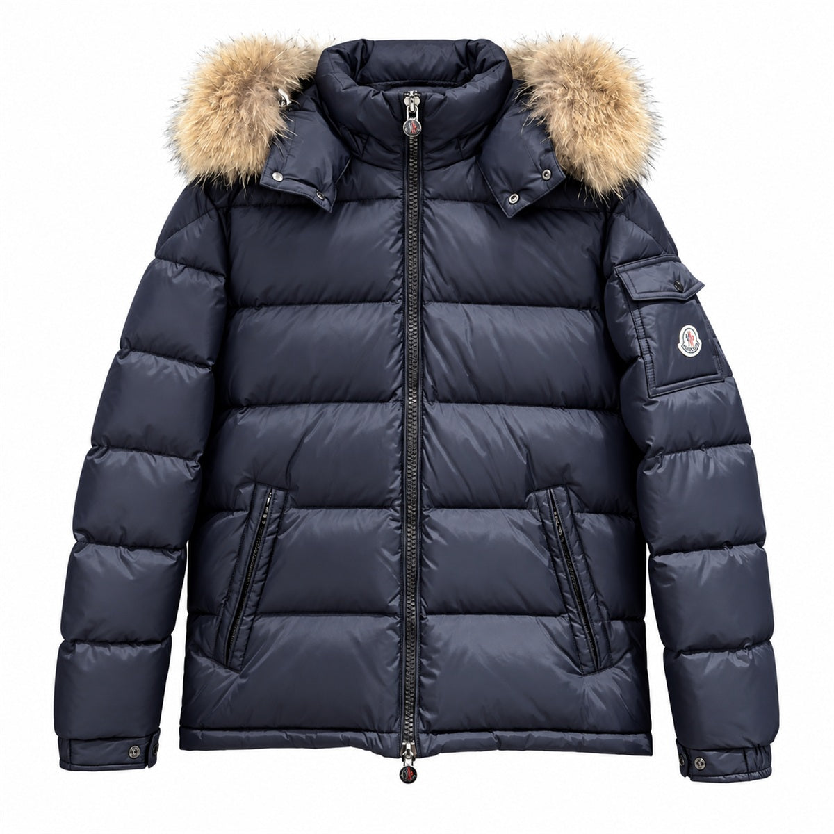 Moncler Fur-Trim Quilted Puffer - Navy Blue - Front