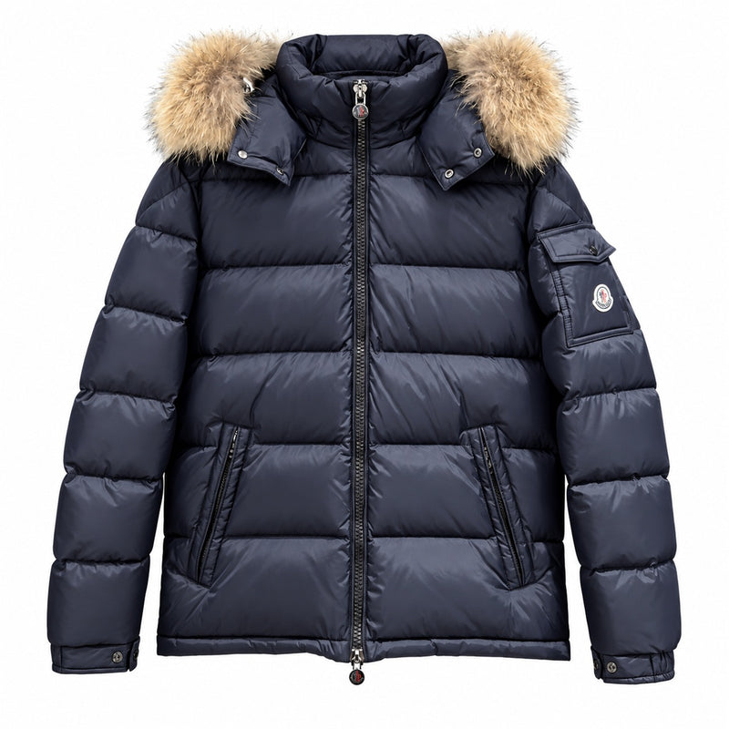 Moncler Fur-Trim Quilted Puffer - Navy Blue - Front