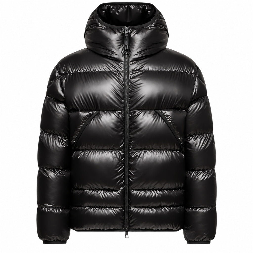 Kangaroo Pocket Hooded Puffer - Black - Front