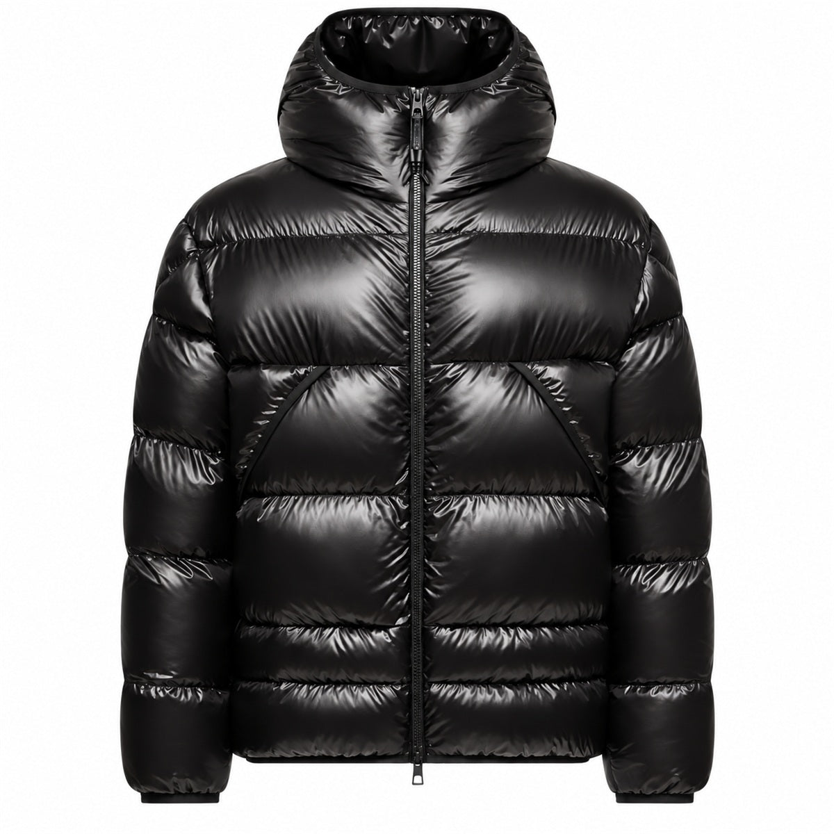 Kangaroo Pocket Hooded Puffer - Black - Front