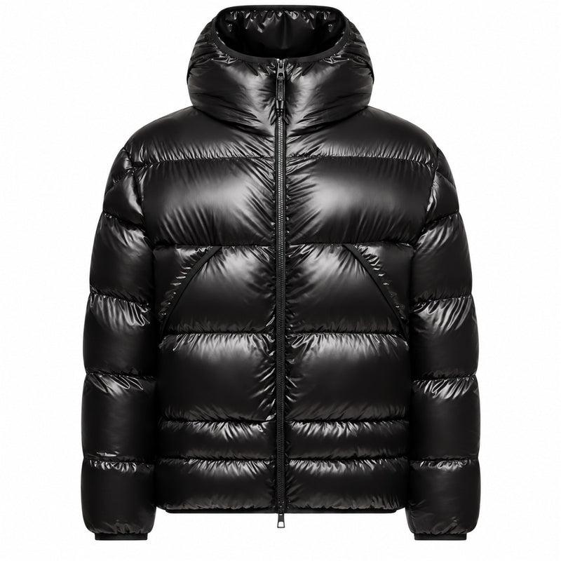 Kangaroo Pocket Hooded Puffer - Black - Front
