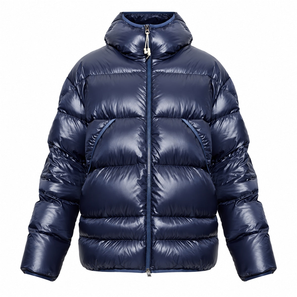 Kangaroo Pocket Hooded Puffer - Navy Blue - Front