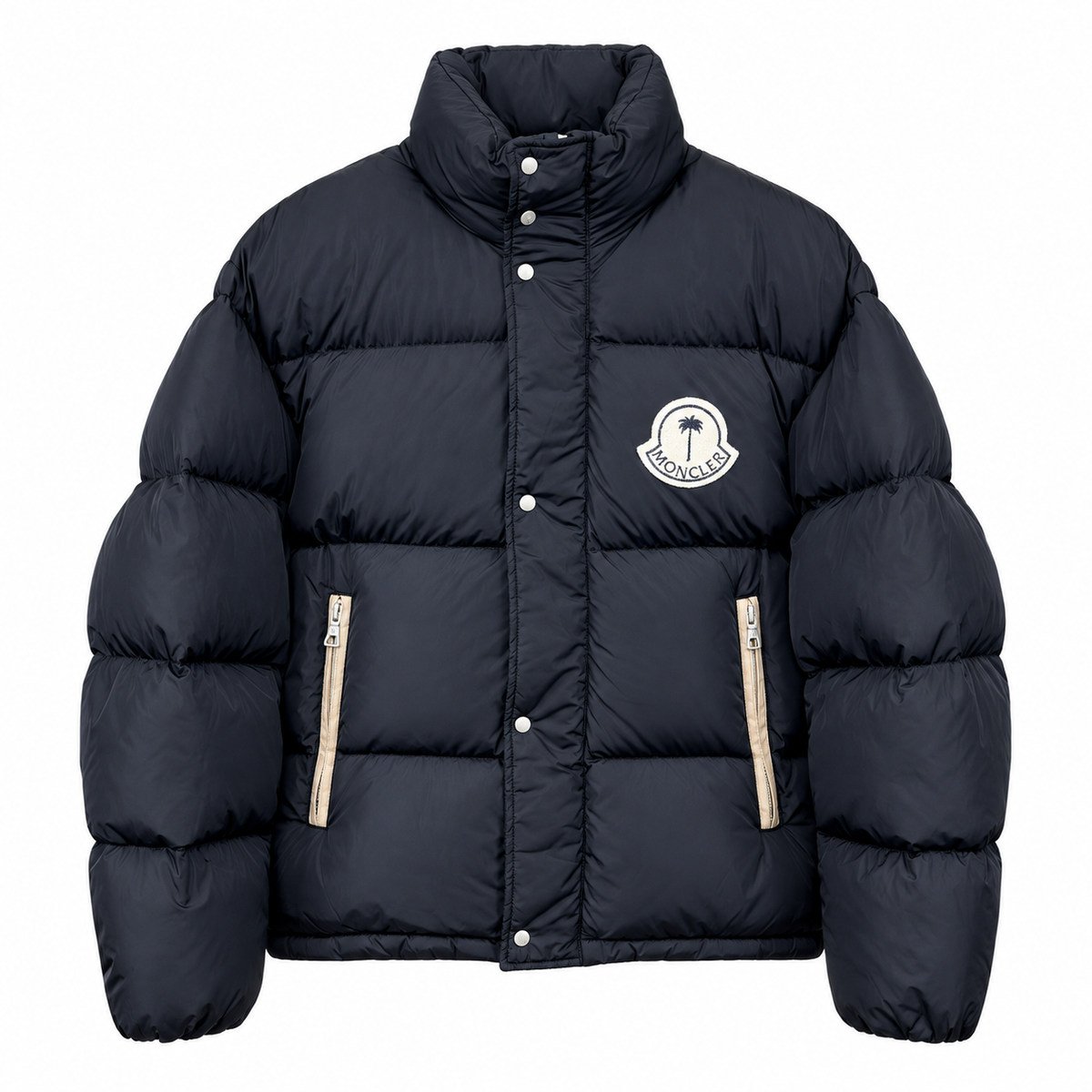 Dark Moncler puffer jacket with palm emblem – front