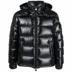 Glossy Zip Hooded Puffer - Black - Front
