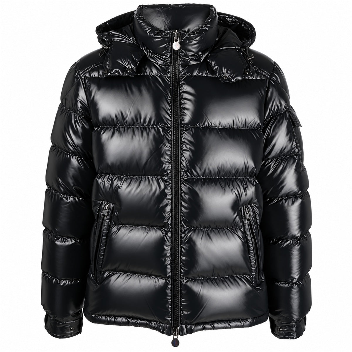 Glossy Zip Hooded Puffer - Black - Front