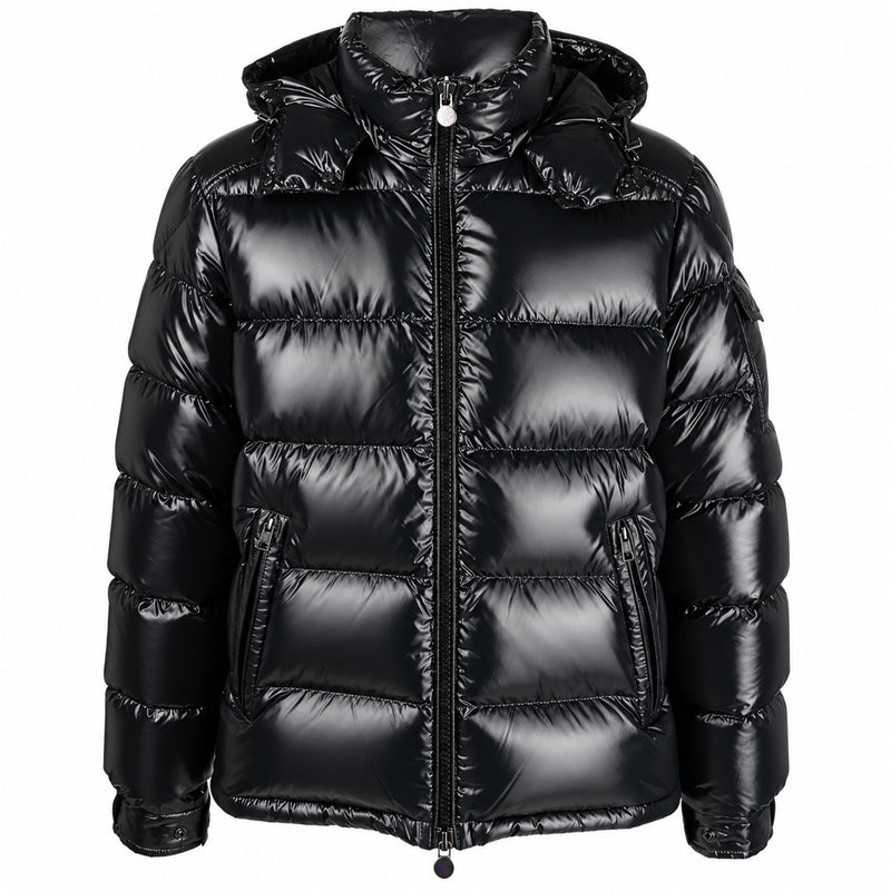 Glossy Zip Hooded Puffer - Black - Front