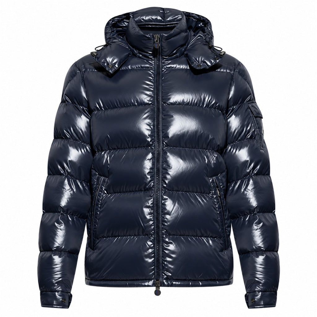 Glossy Zip Hooded Puffer - Navy Blue - Front