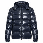Glossy Zip Hooded Puffer - Navy Blue - Front