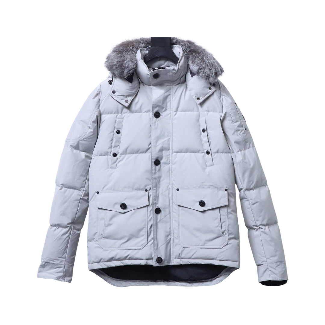 Moose Knuckles Piumino Grigio Chiaro con Cappuccio Fur