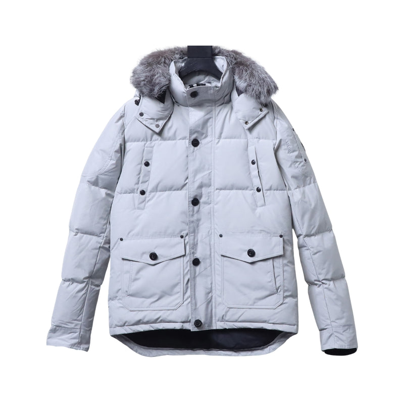 Moose Knuckles Piumino Grigio Chiaro con Cappuccio Fur