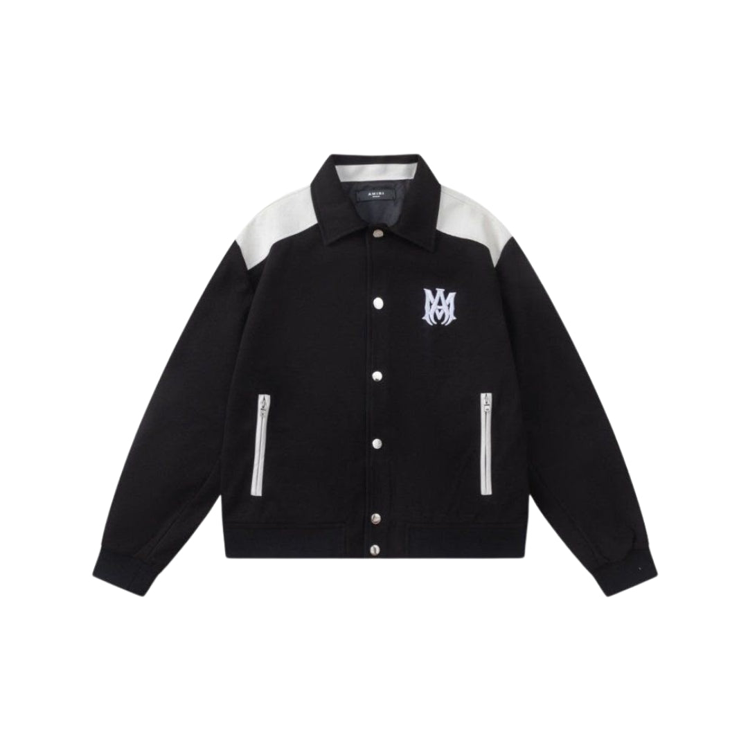 AMIRI black varsity jacket with white shoulders